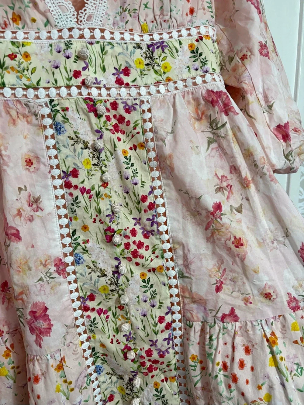 NWOT FORE Collection Floral Print Cotton Crochet Bubble Hem Sleeve Mini Dress - Picture 9 of 13